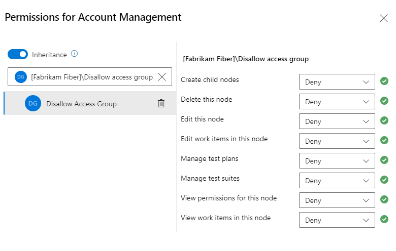 Screenshot of Area Path node Security, selected group, and setting Deny permissions. 