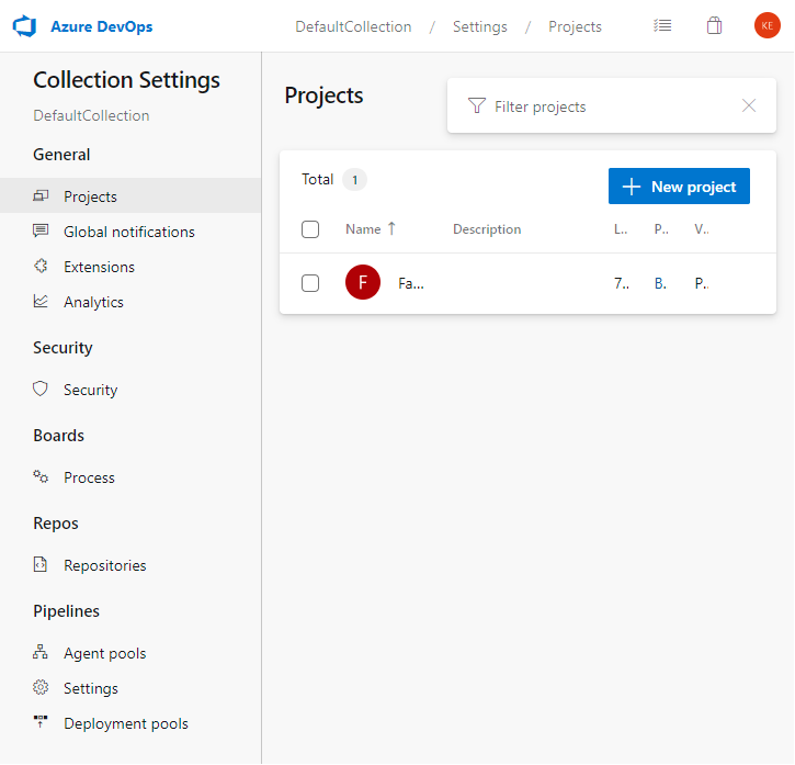 Screenshot of Collection settings options, Azure DevOps Server 2022.