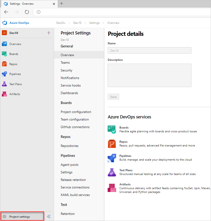Screenshot of Project settings page, Azure DevOps Server 2022.
