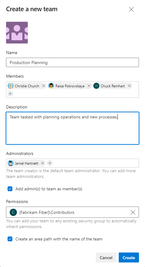 Screenshot of Create a new team dialog, New Teams preview feature enabled.