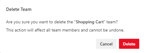 Screenshot of Delete team confirmation dialog, new teams page.