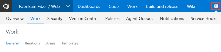 Screenshot of Open team settings for TFS 2018.