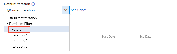 Screenshot of Work, Iterations page for team, set team default for new work items for Azure DevOps Server 2019 and on.