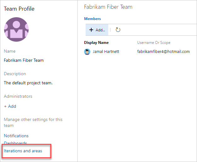 Screenshot of Team Profile, choose Iterations and area.