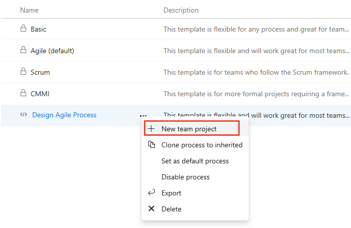 Screenshot of Import process actions menu, Create new team project from imported process.