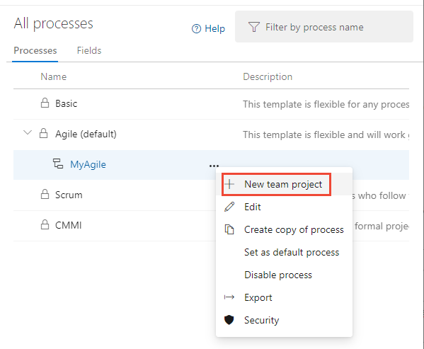 Create a project from the selected process