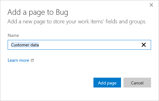 Process, Work Item Types, Bug: Layout, Add a page to bug dialog