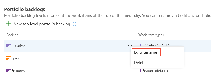 Choose the context menu of a portfolio backlog to edit, rename, or delete it.