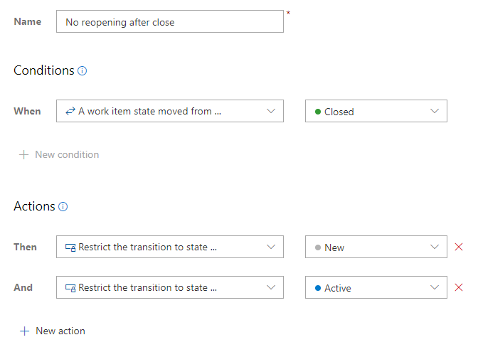 Custom rule, Current user is not a member of a group, disallow transitions to New or Active state from Closed