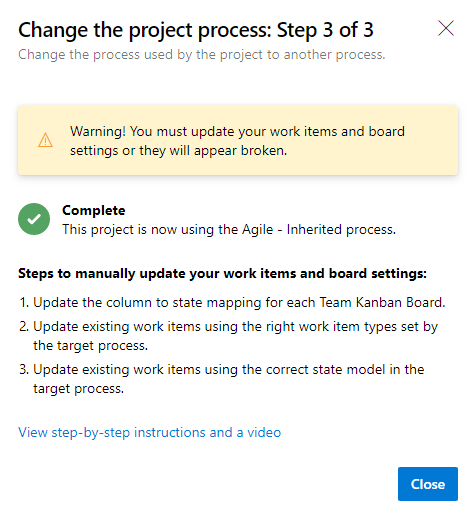 Step 3 of 3 of change process dialog