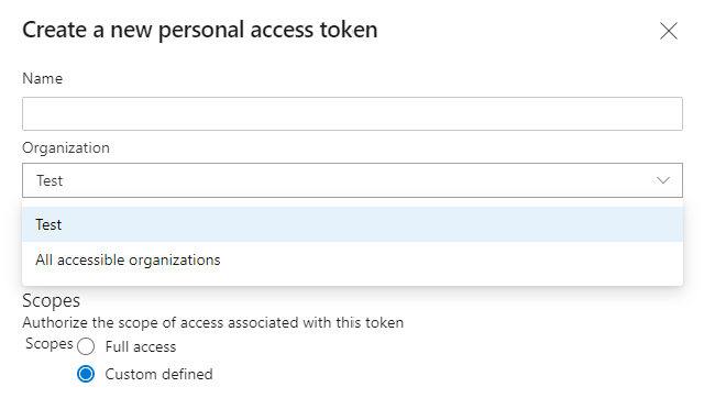 Screenshot of setting PAT scope to all accessible organizations.