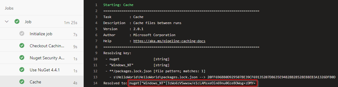 A screenshot showing how the cache key is generated in Azure Pipelines.