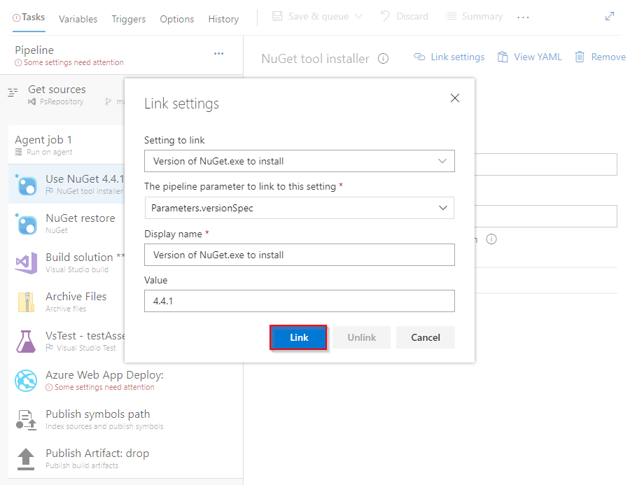 A screenshot showing how to link new task settings to process parameters in a classic pipeline.