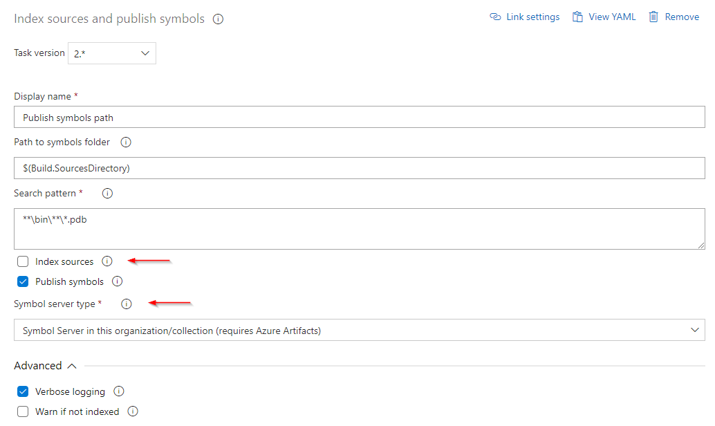 A screenshot showing how to configure the publish task to publish portable PDBs to Azure Artifacts symbol server.