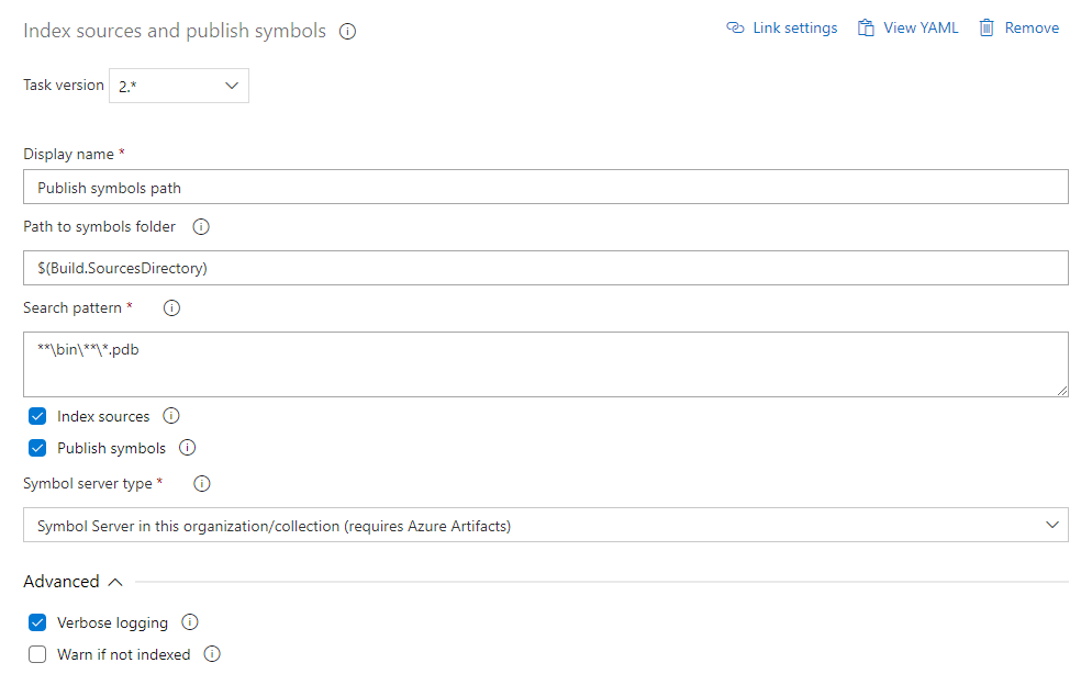 Screenshot showing how to configure the index sources and publish symbols task to publish symbols to Azure Artifacts symbol server.