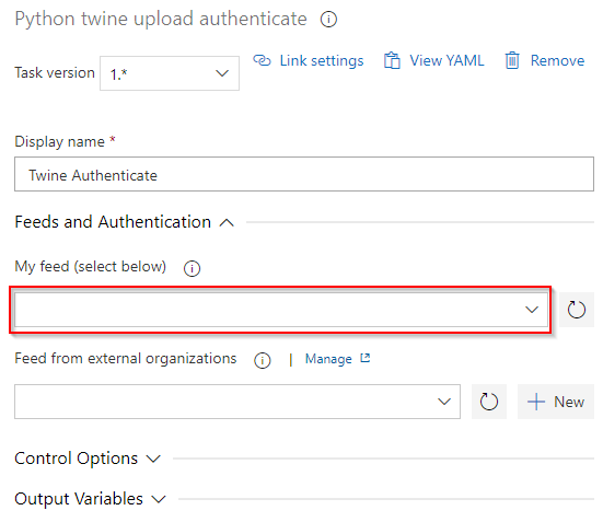 A screenshot of the Python twine upload authenticate task in Azure Pipelines.