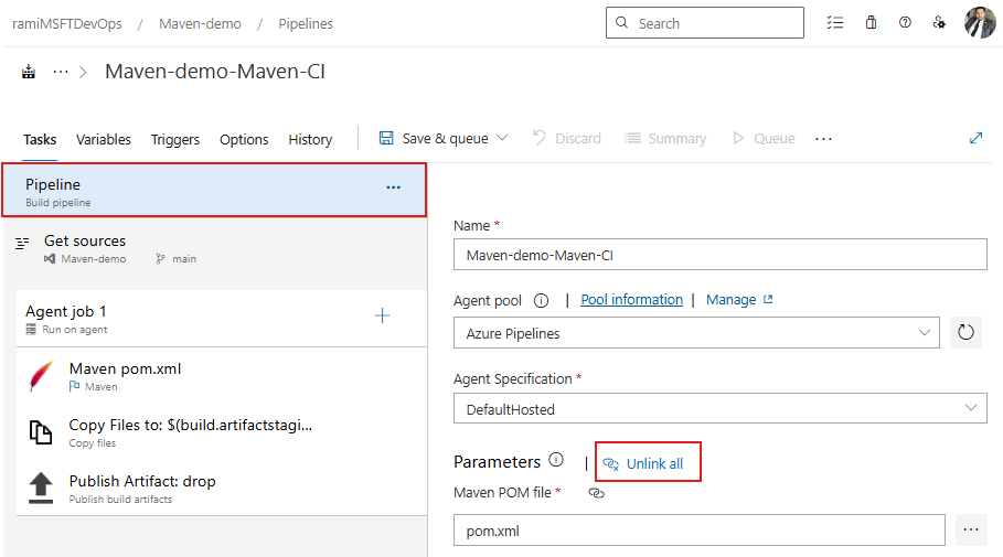 A screenshot displaying how to unlink all process parameters in a Classic pipeline.
