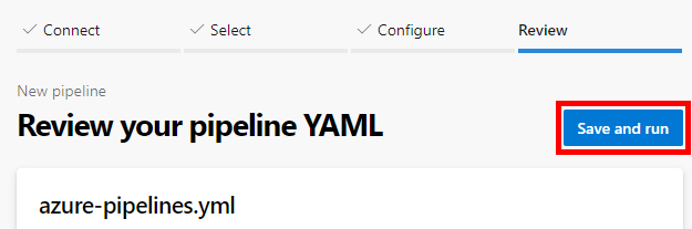 Screenshot showing the Save and run button in a new YAML pipeline.