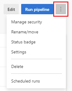 Screenshot of pipeline settings and more actions menu.
