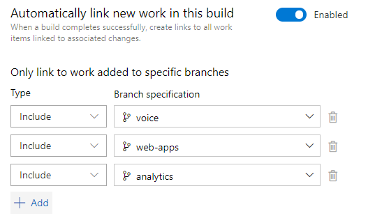 Screenshot of Automatically link work items in this build property settings.