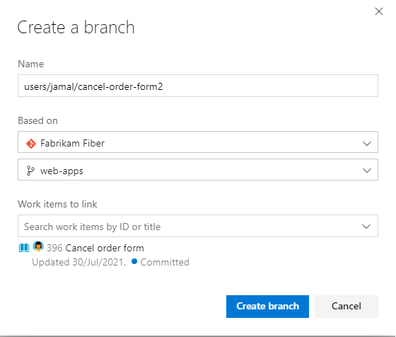 Create branch dialog from work item form.