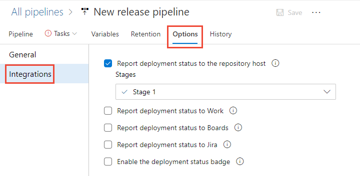 Screenshot of Integrations options for Classic pipelines