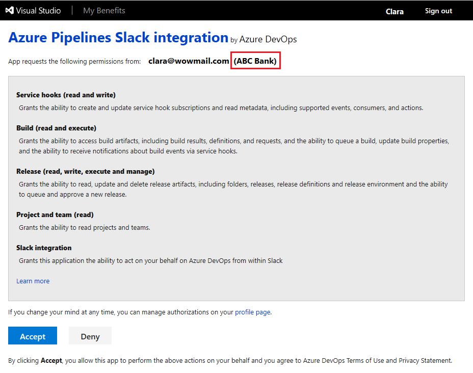 A screenshot showing how to allow pipelines slack integration.