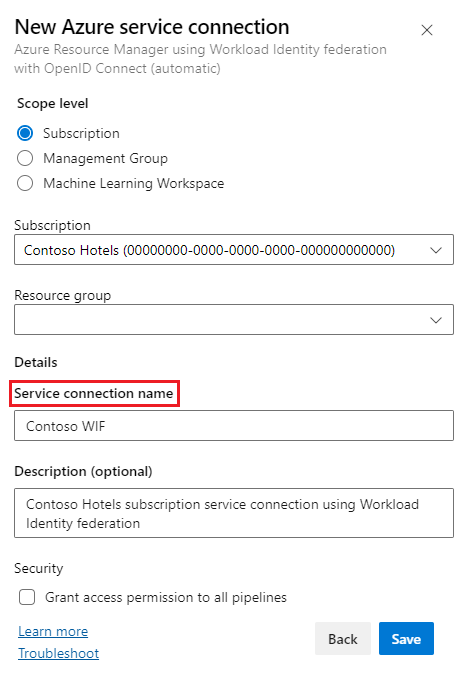 Screenshot of the New Azure service connection screen.