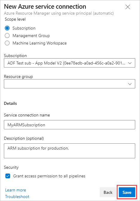 Azure Resource Manager connection dialog