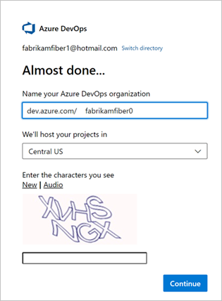 Screenshot of Almost done pane, name your organization.