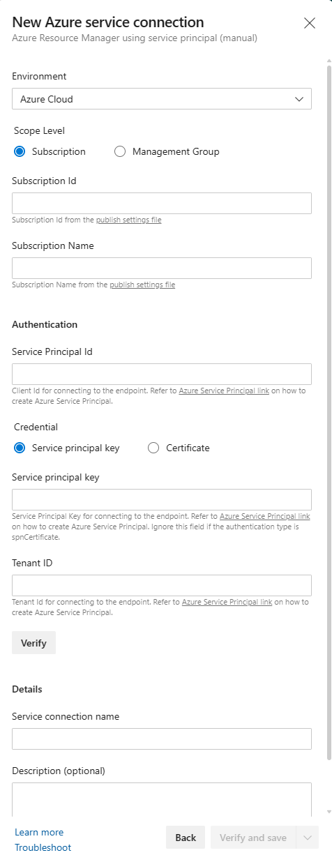 Screenshot of new service connection dialog box.