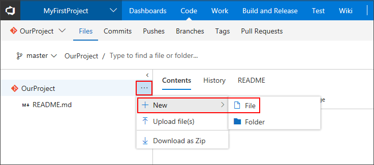 On the Files tab, from the repo node, select the 'New -> File' option