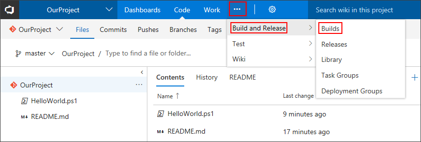 Screenshot showing how to access your builds in TFS.