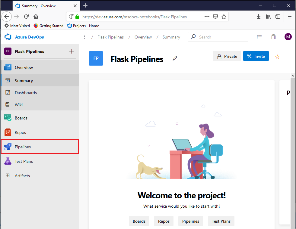Selecting Pipelines on the project dashboard