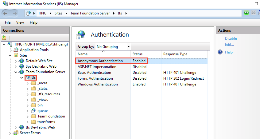is TFS anonymous authentication enabled