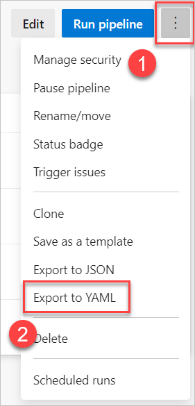 Screenshot of context menu, to export your pipeline to YAML.