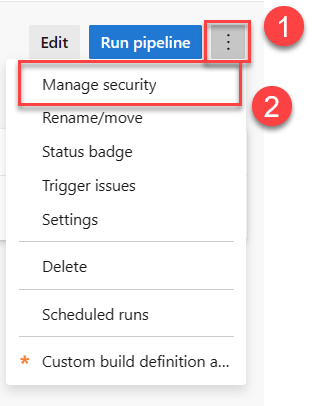 Screenshot showing selected Manage security option from an individual pipeline's more actions menu.