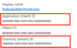 Screenshot that shows the app registration client ID and tenant ID.