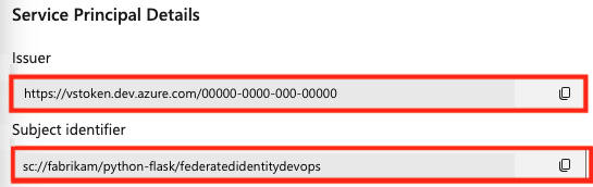 Screenshot that shows DevOps credentials for federated authentication.
