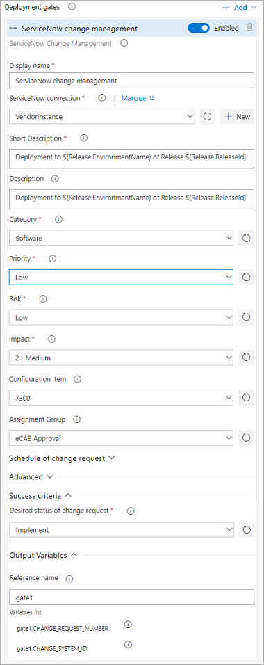 A screenshot showing how to configure the ServiceNow Change Management gate.
