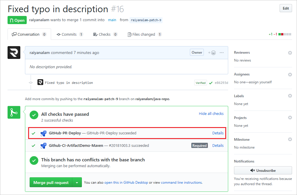 A screenshot showing the pull request status checks.