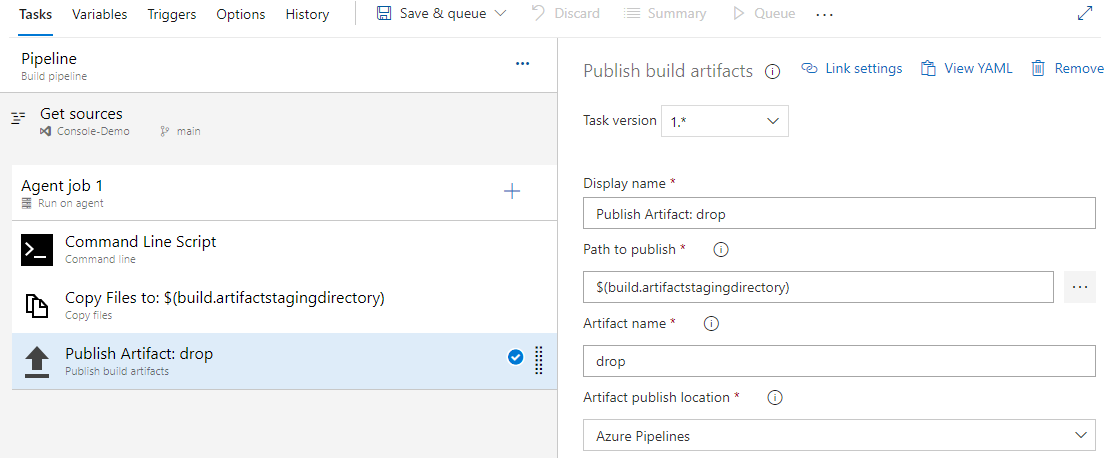 A screenshot showing how to set up the publish artifacts task.