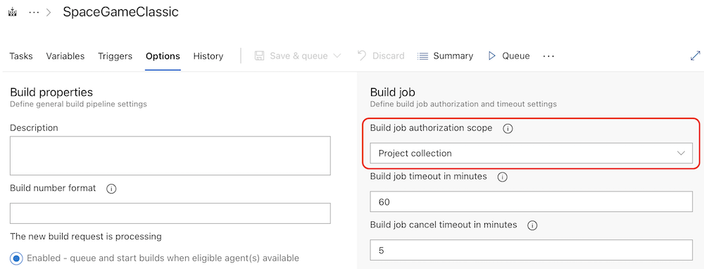 Screenshot of the successful run of the Build job authorization scope setting.