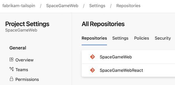 Screenshot of the SpaceGameWeb repository structure.