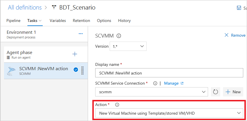 Selecting a service connection for the SCVMM server