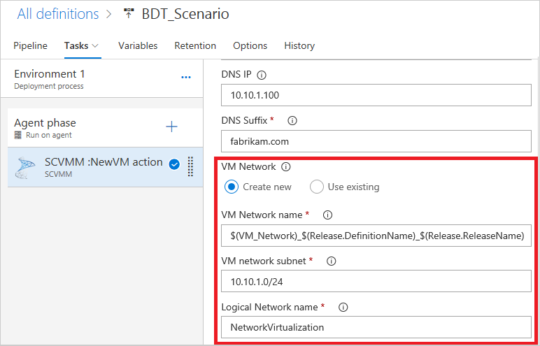 Entering the settings for the VM Network and subnet