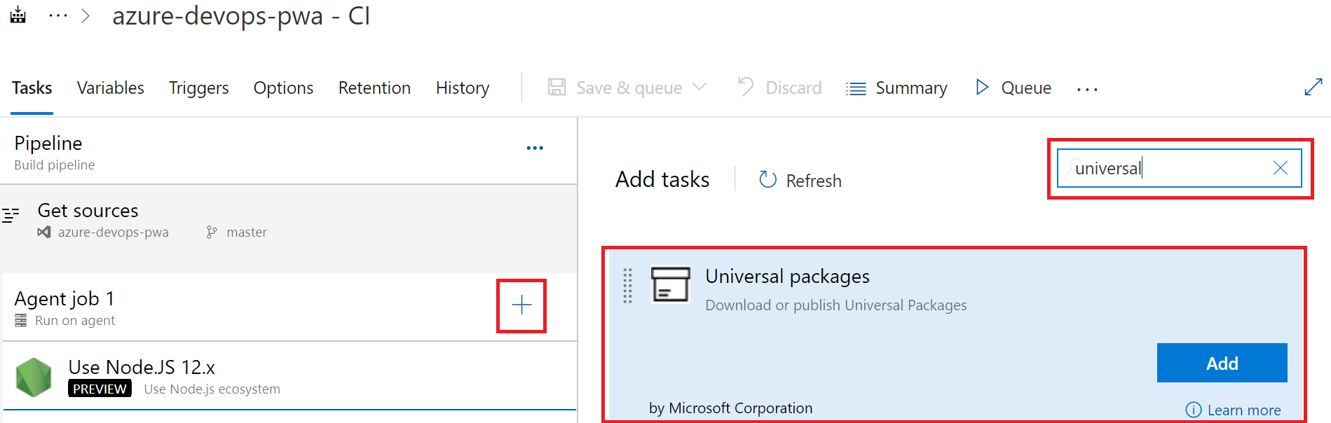 Screenshot of adding the Universal Package task.