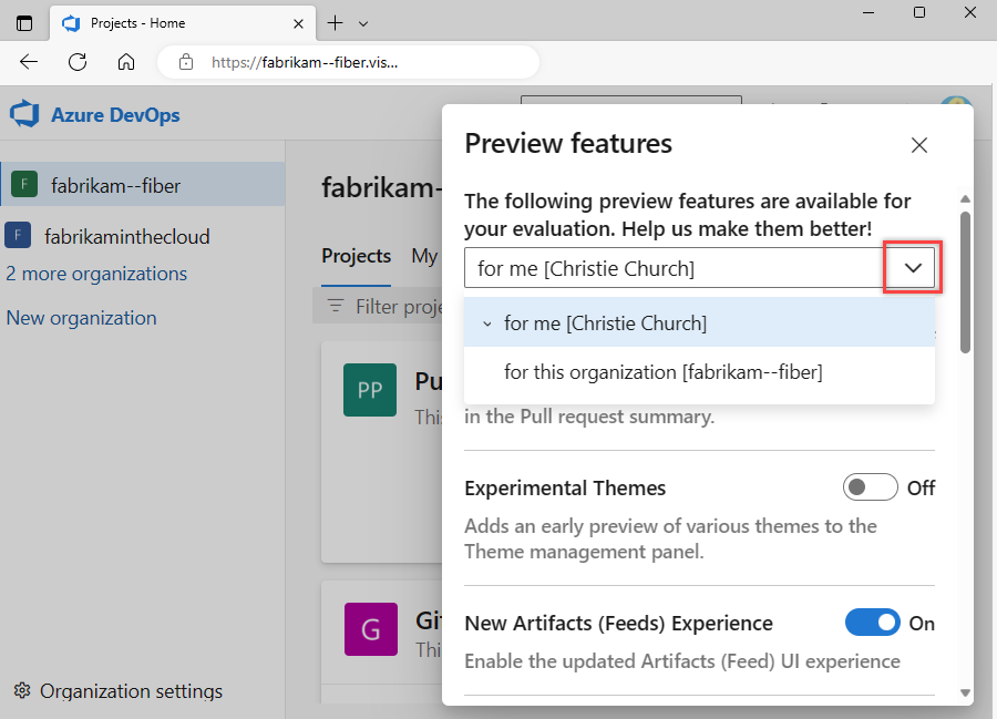 Screenshot of Preview features options and dropdown menu for either personal or organizational settings.