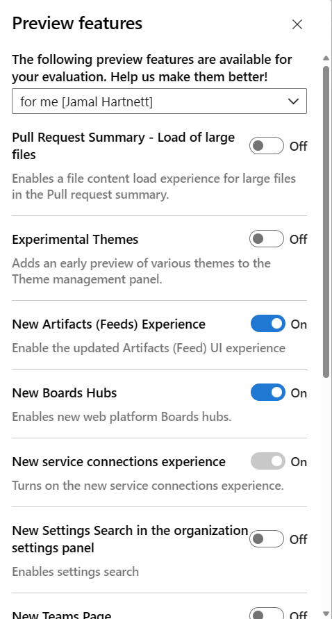 Screenshot of Preview features options for yourself.