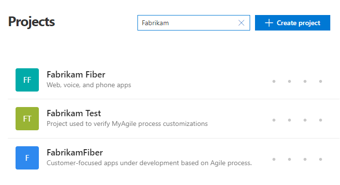 Screenshot showing Projects page, filter on Fabrikam.